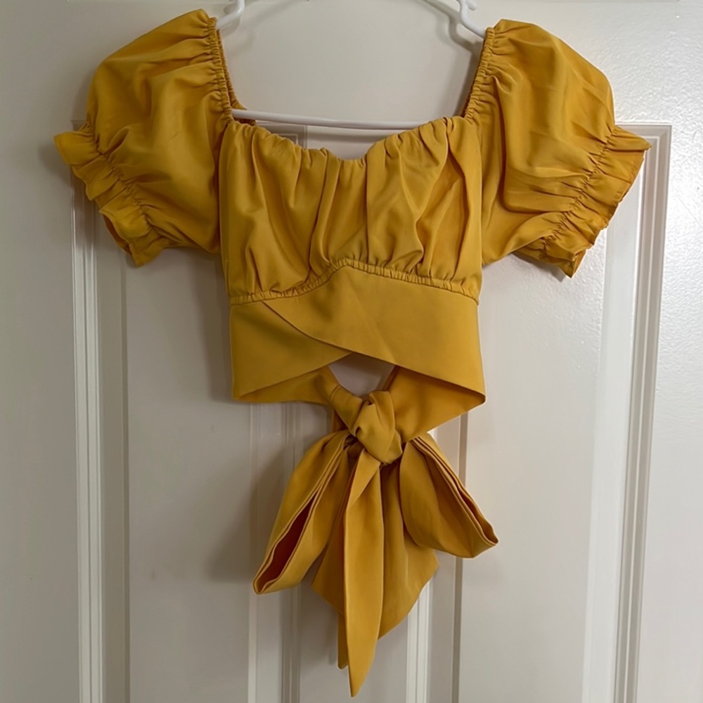Yellow Puff Sleeve Tie Back Crop Top